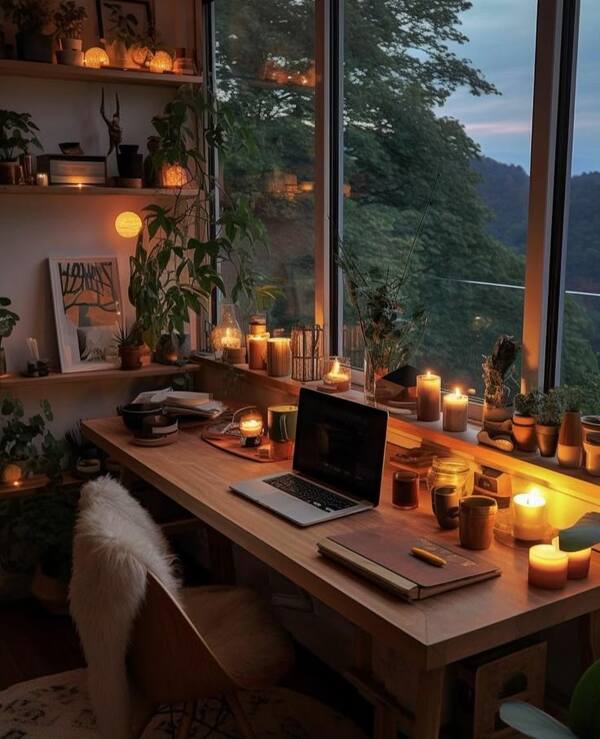 Canto minimalista com planta e luz natural para uma pausa calma